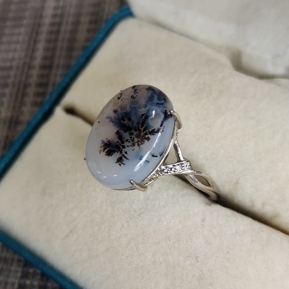 S925 Dendritic Blue agate ring adjustable size band - Picture 9 of 10